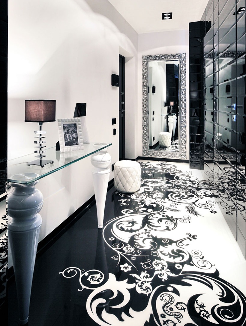 beautiful decor of the corridor in black and white