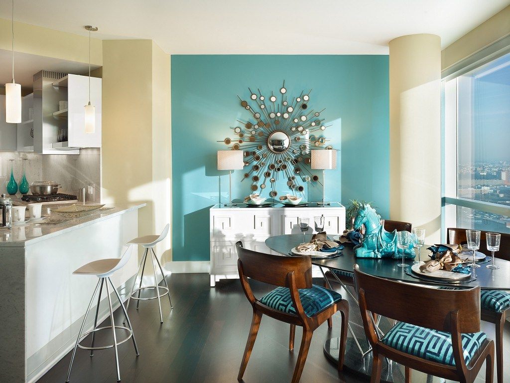 unusual design of the apartment in turquoise color
