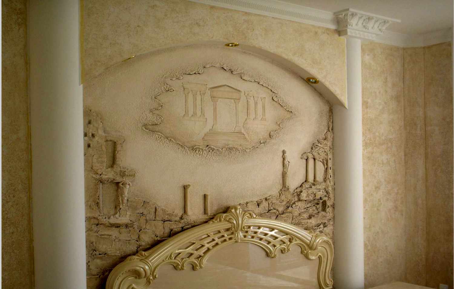 bright design of the apartment with a bas-relief