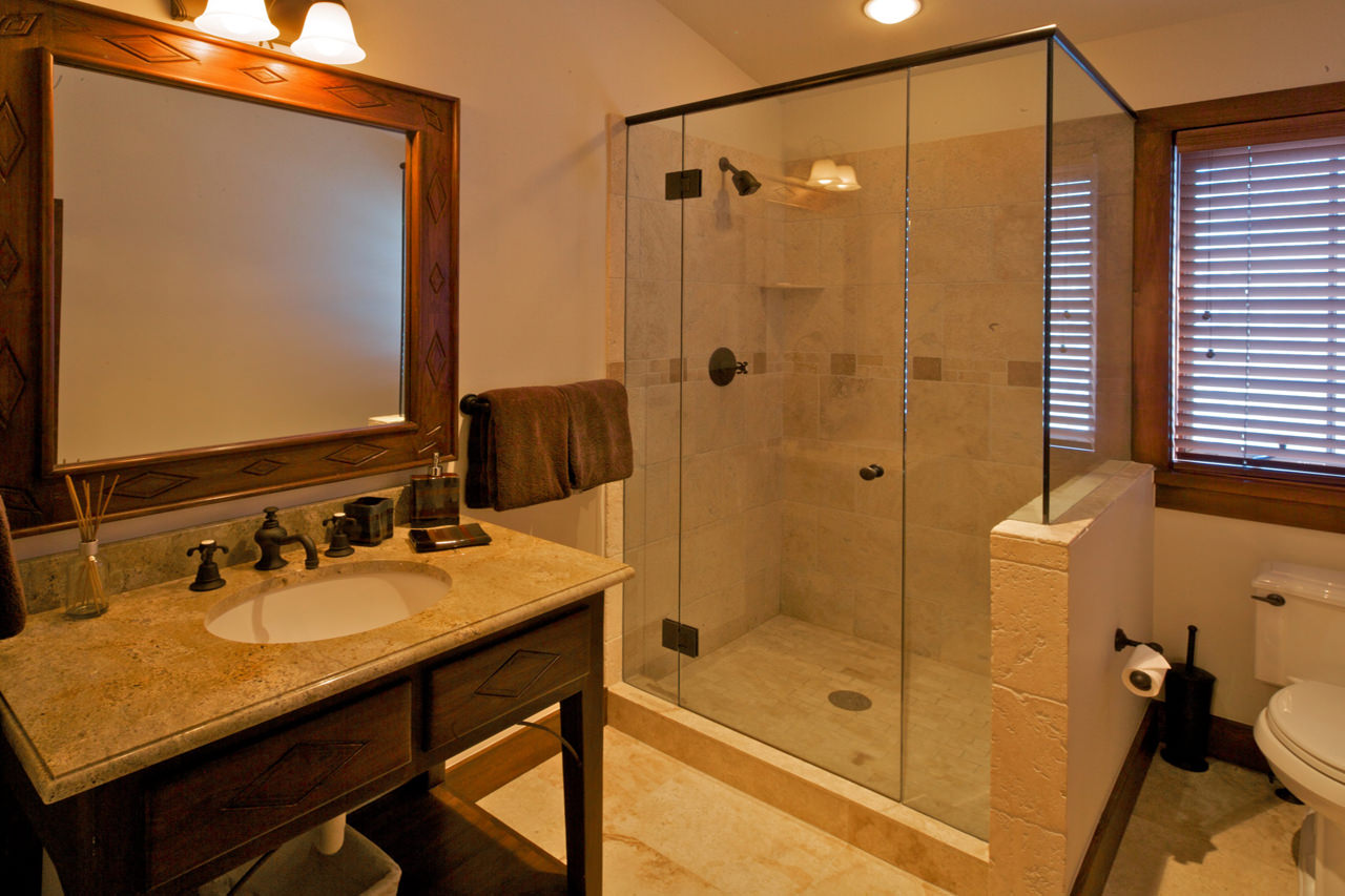 beautiful decor of the bathroom with light-colored shower