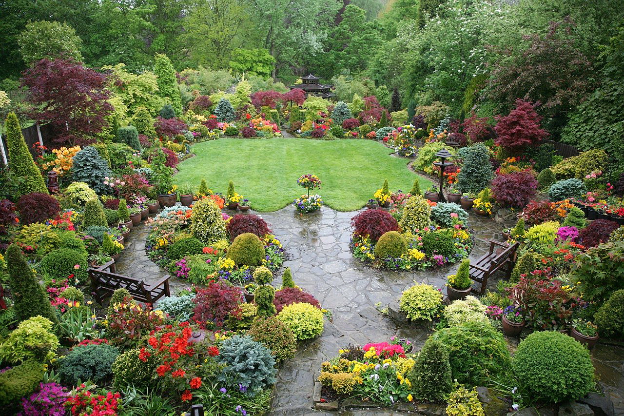 beau décor de jardin paysager à l'anglaise avec des fleurs