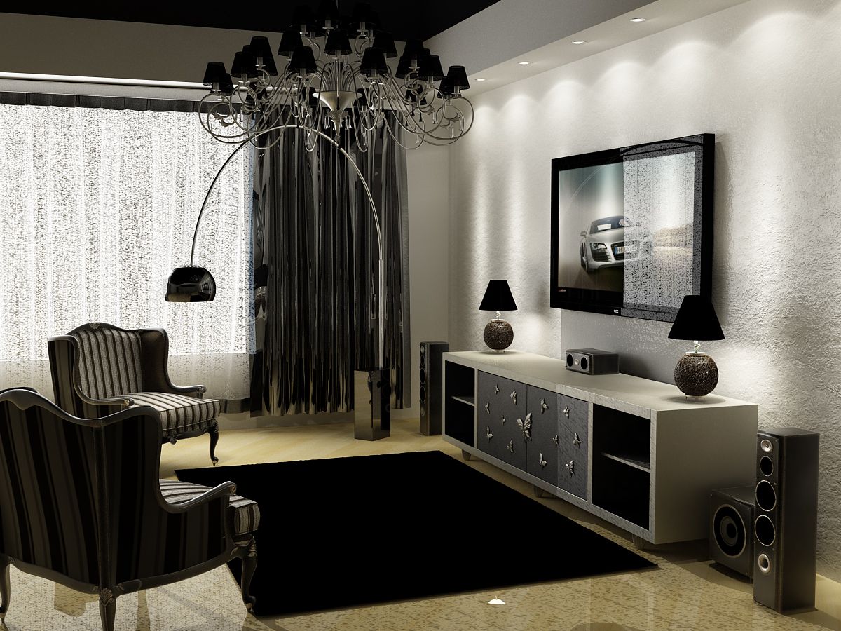 unusual design of the living room in black and white