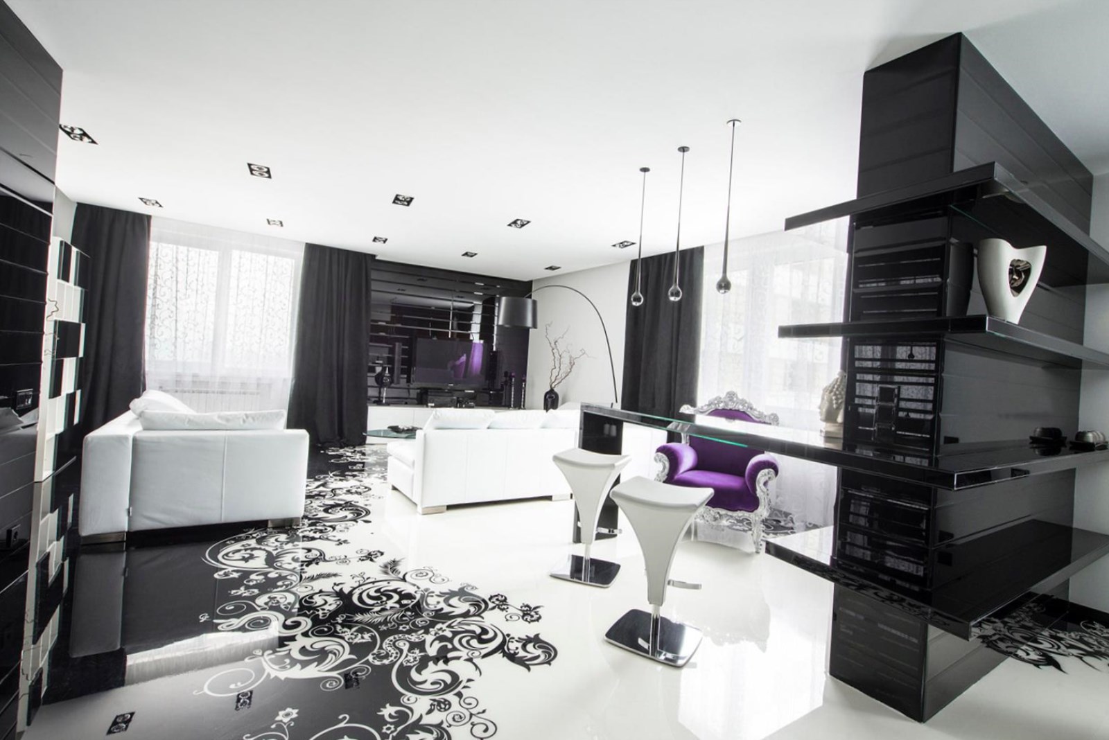 chic bedroom interior in black and white