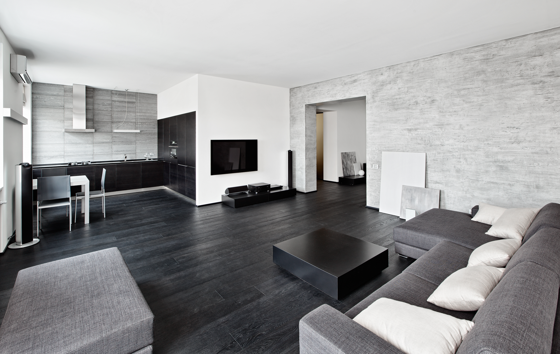 luminoso soggiorno in stile in bianco e nero