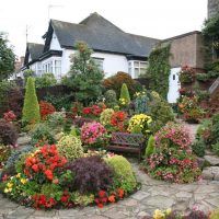 unusual landscape decor of the garden in the English style with flowers photo