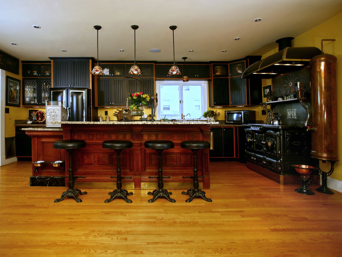 steampunk kitchen interior with wooden parquet