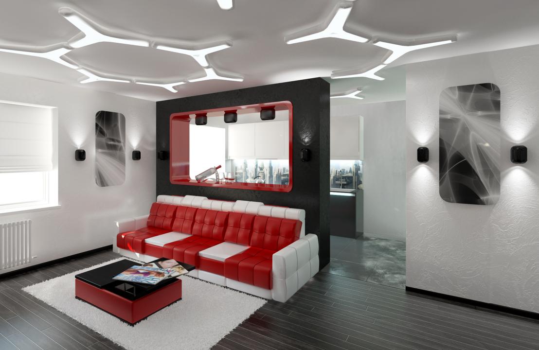 bright interior of a high-tech style apartment