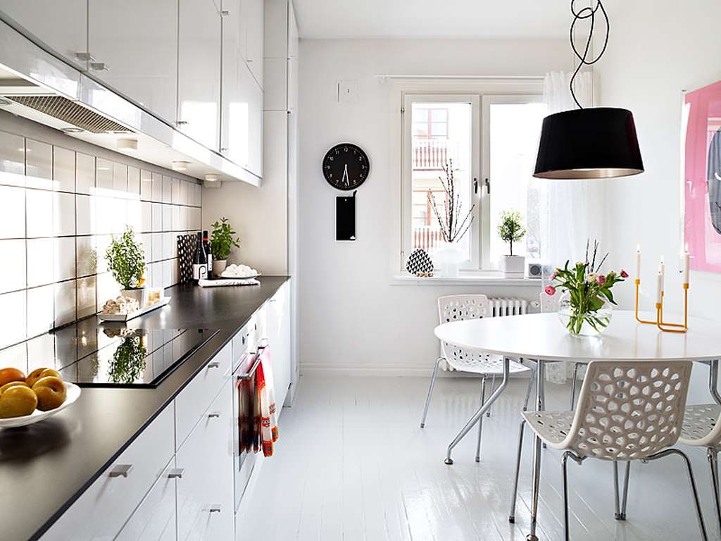 beautiful white floor in the interior of the kitchen