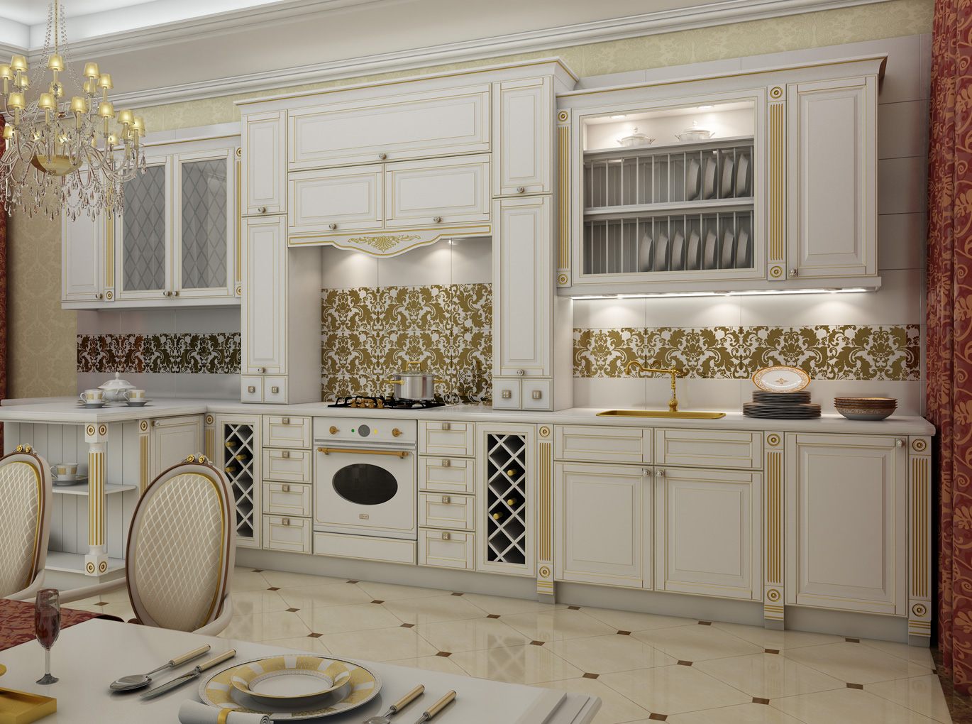 beautiful design of a white kitchen with a touch of yellow