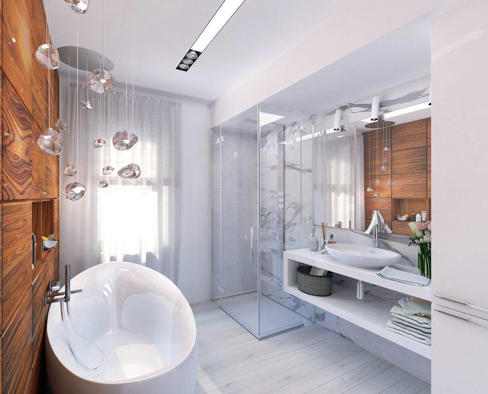 design de salle de bain clair avec douches lumineuses