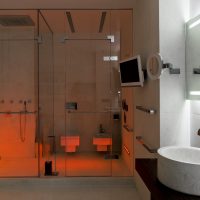 bright design of a bathroom with a light-colored shower photo