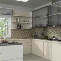 bright apron from large format tiles with the image in the interior of the kitchen photo