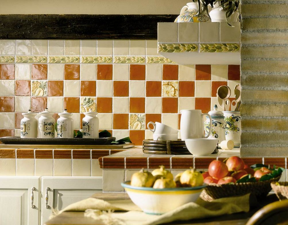 bright apron from a tile of a standard format with the image in the interior of the kitchen