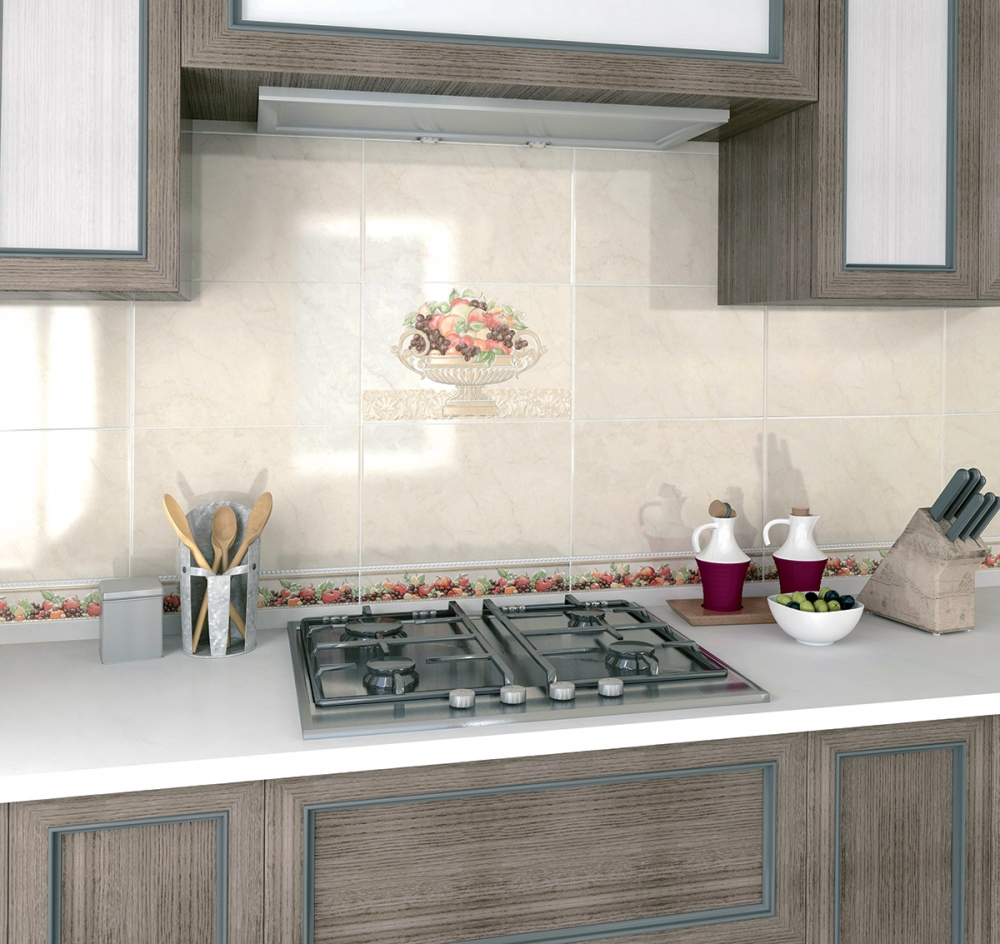 beautiful apron from a tile of a standard format with the image in the interior of the kitchen