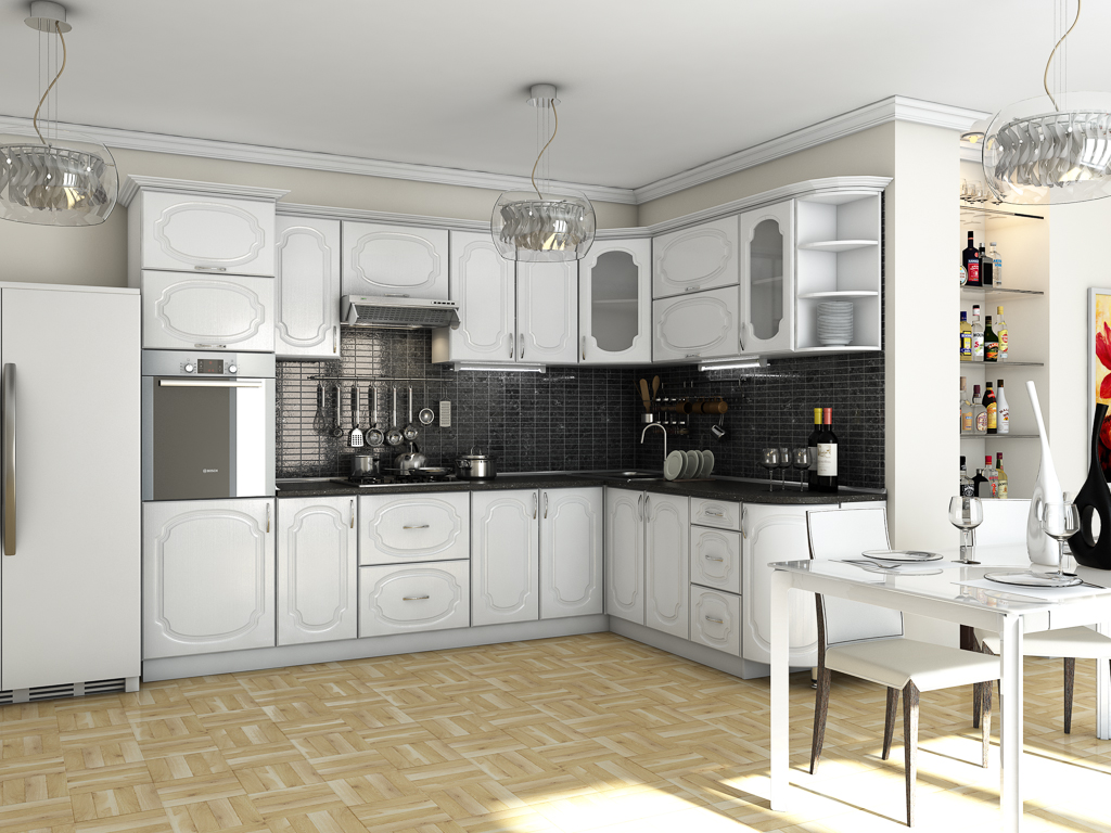 bellissimo design di una cucina bianca con una sfumatura di grigio