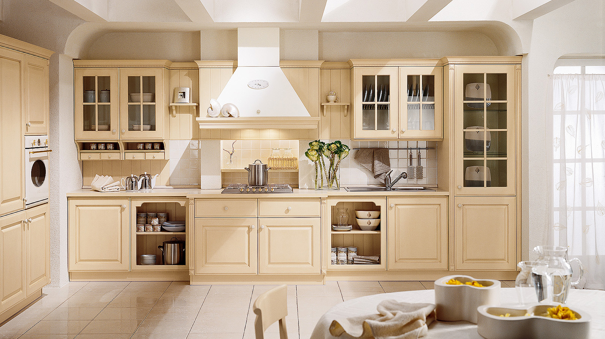 bright interior of beige kitchen in shabby chic style