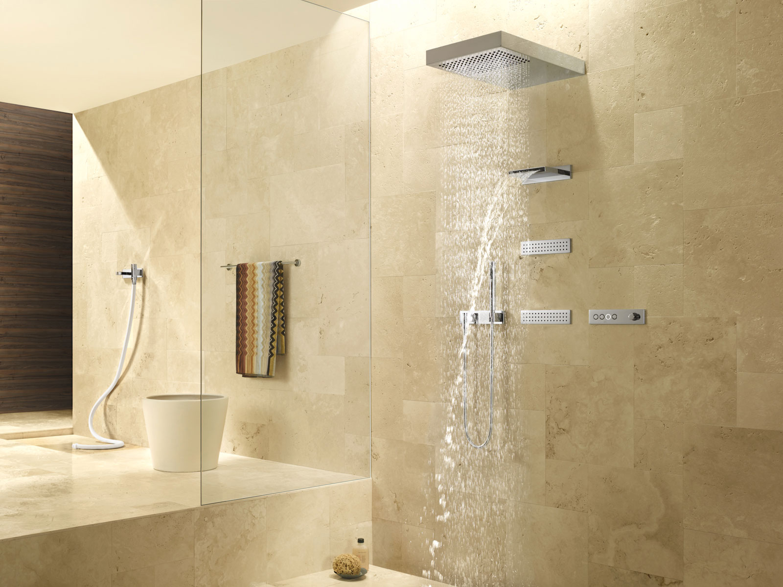 bright bathroom design with bright showers