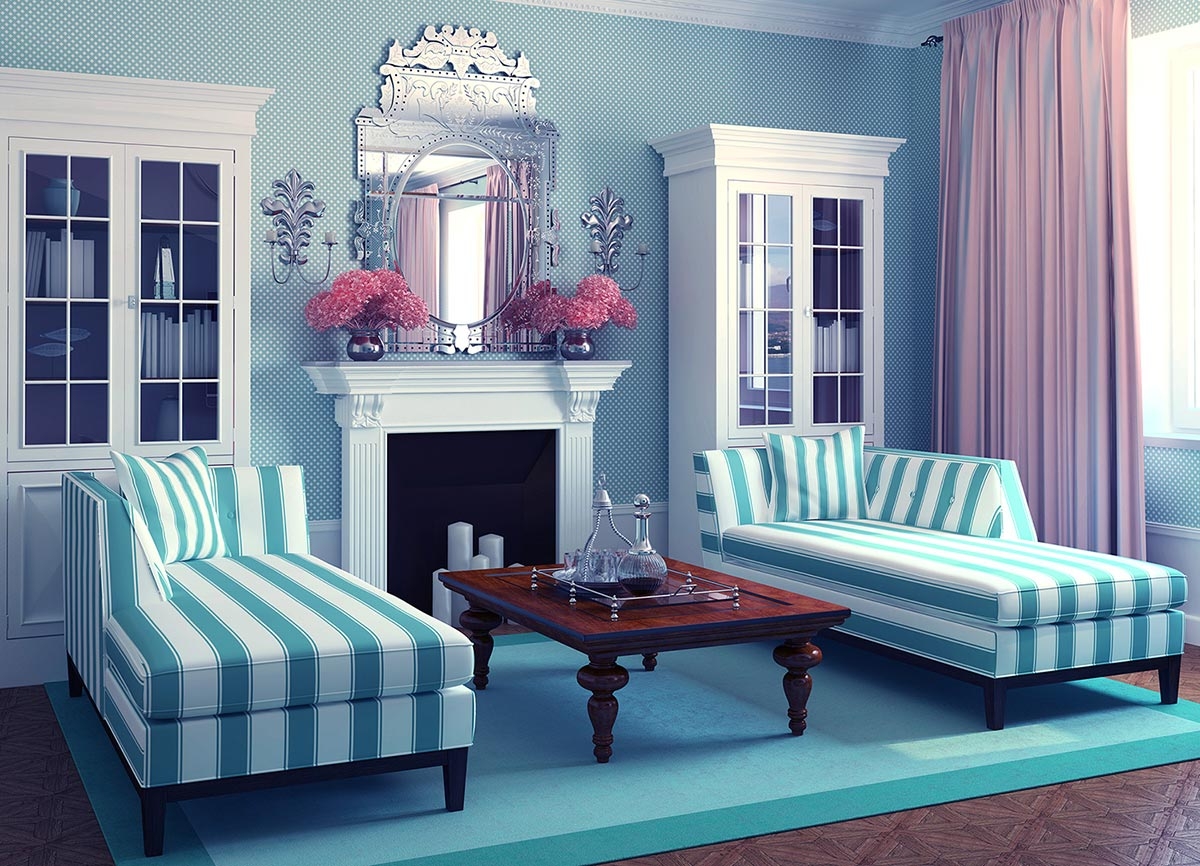 unusual interior of the apartment in turquoise color