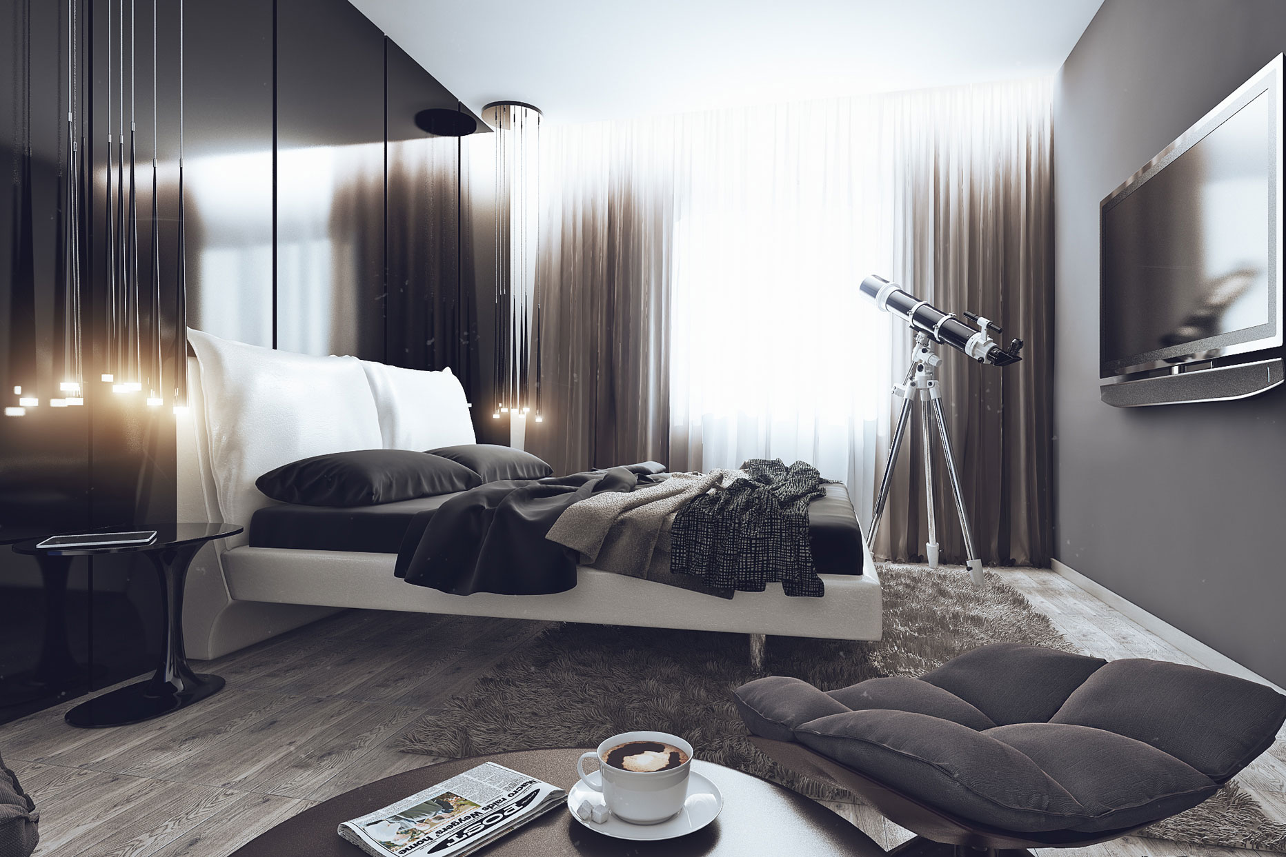 design luminoso della camera da letto high-tech