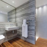 light design bathroom with light-colored shower photo