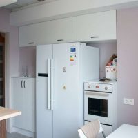 large refrigerator in the design of the kitchen in beige color photo