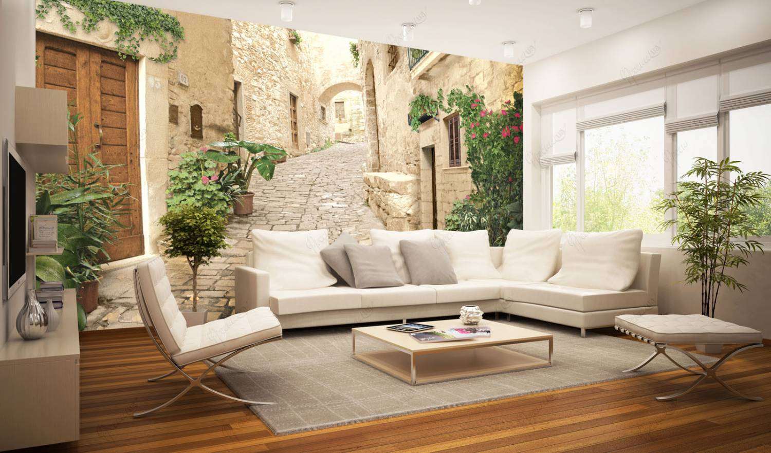 murals in the design of an apartment with a drawing of nature