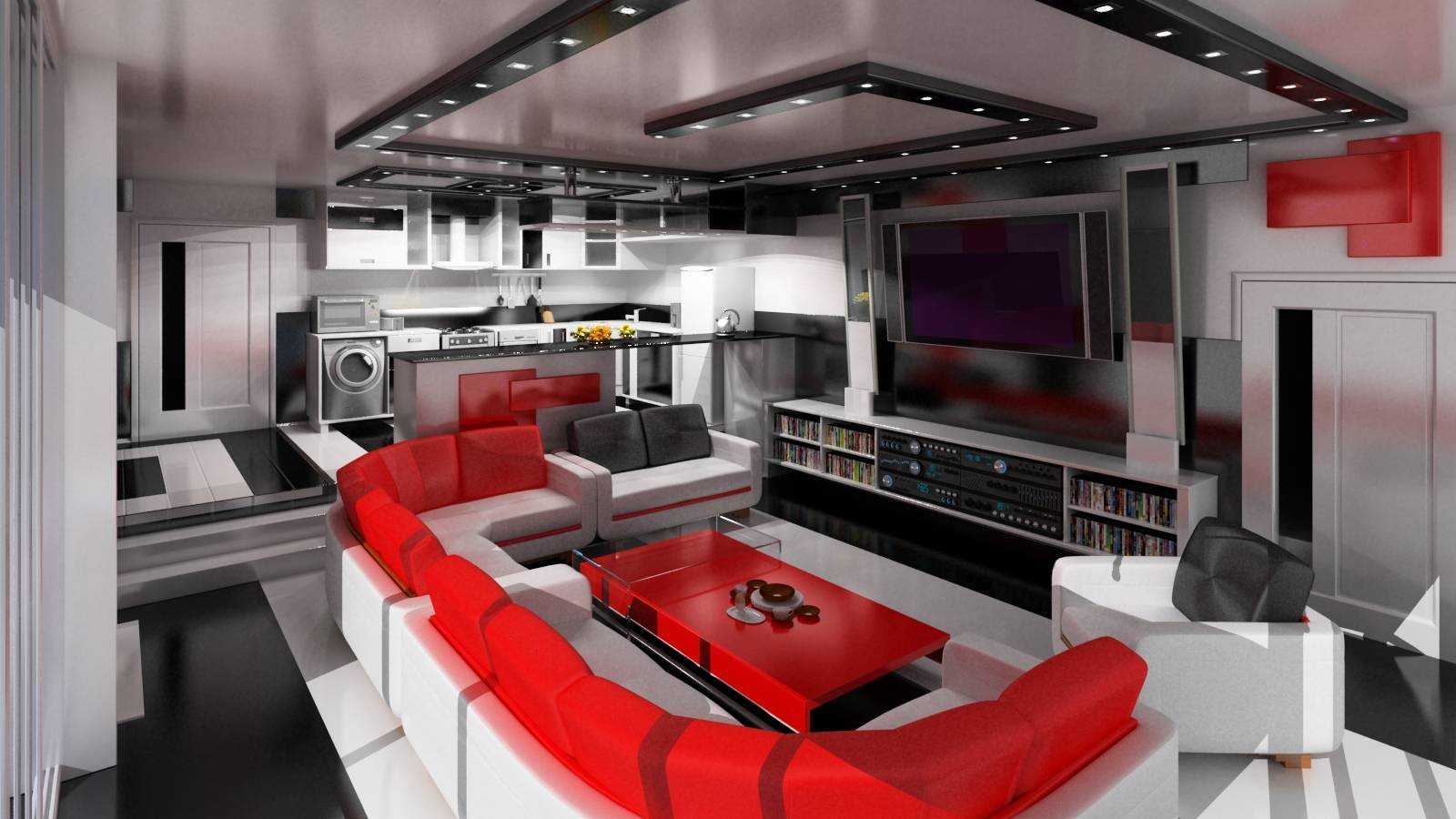 combination of red with other colors in the interior of the apartment