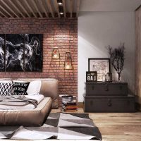 unusual design of the living room in the loft style photo
