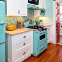 small fridge in the style of the kitchen in bright color photo