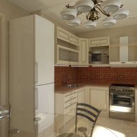 small refrigerator in the design of the kitchen in beige color photo