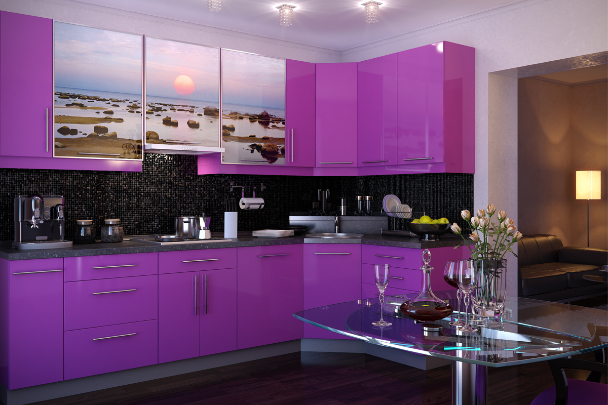 bright kitchen decor in purple
