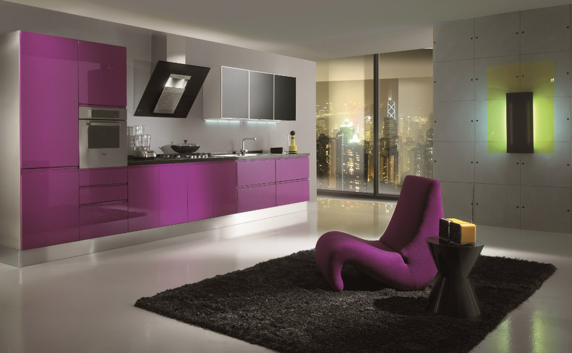 modern kitchen interior in purple