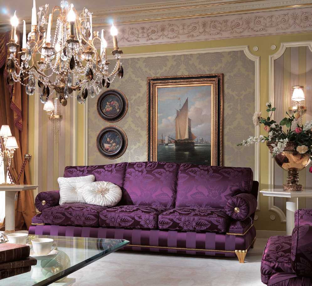 light purple sofa in the decor of the apartment