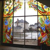 sandblasted stained-glass window in the bedroom interior picture