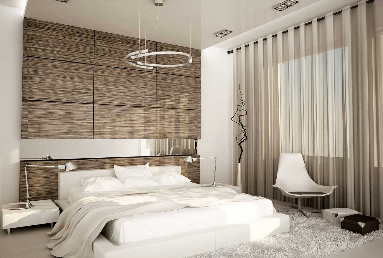 bright bedroom interior with wall panels