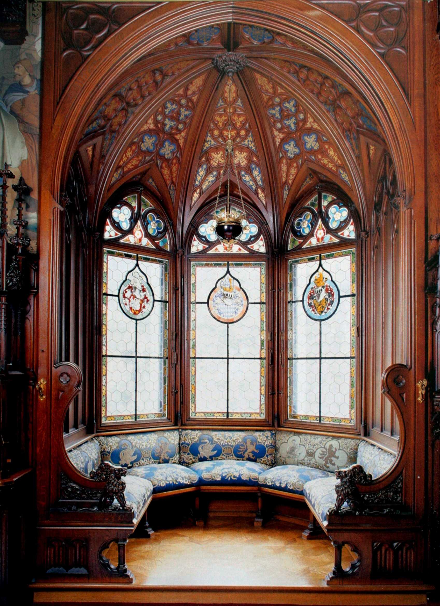 bright interior of the bedroom in the Gothic style