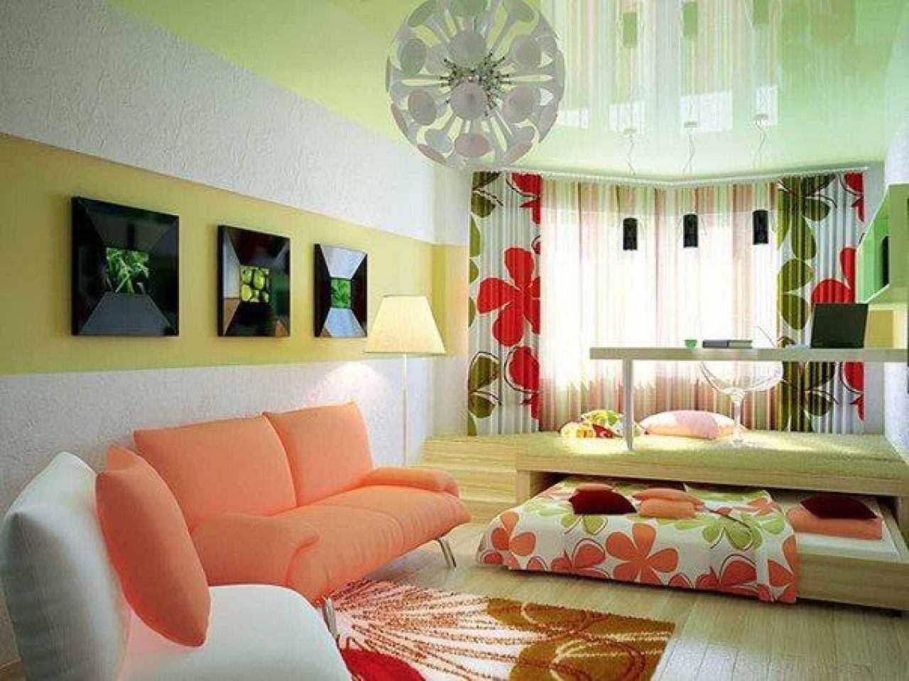 bright decor of the bedroom and living room in one room