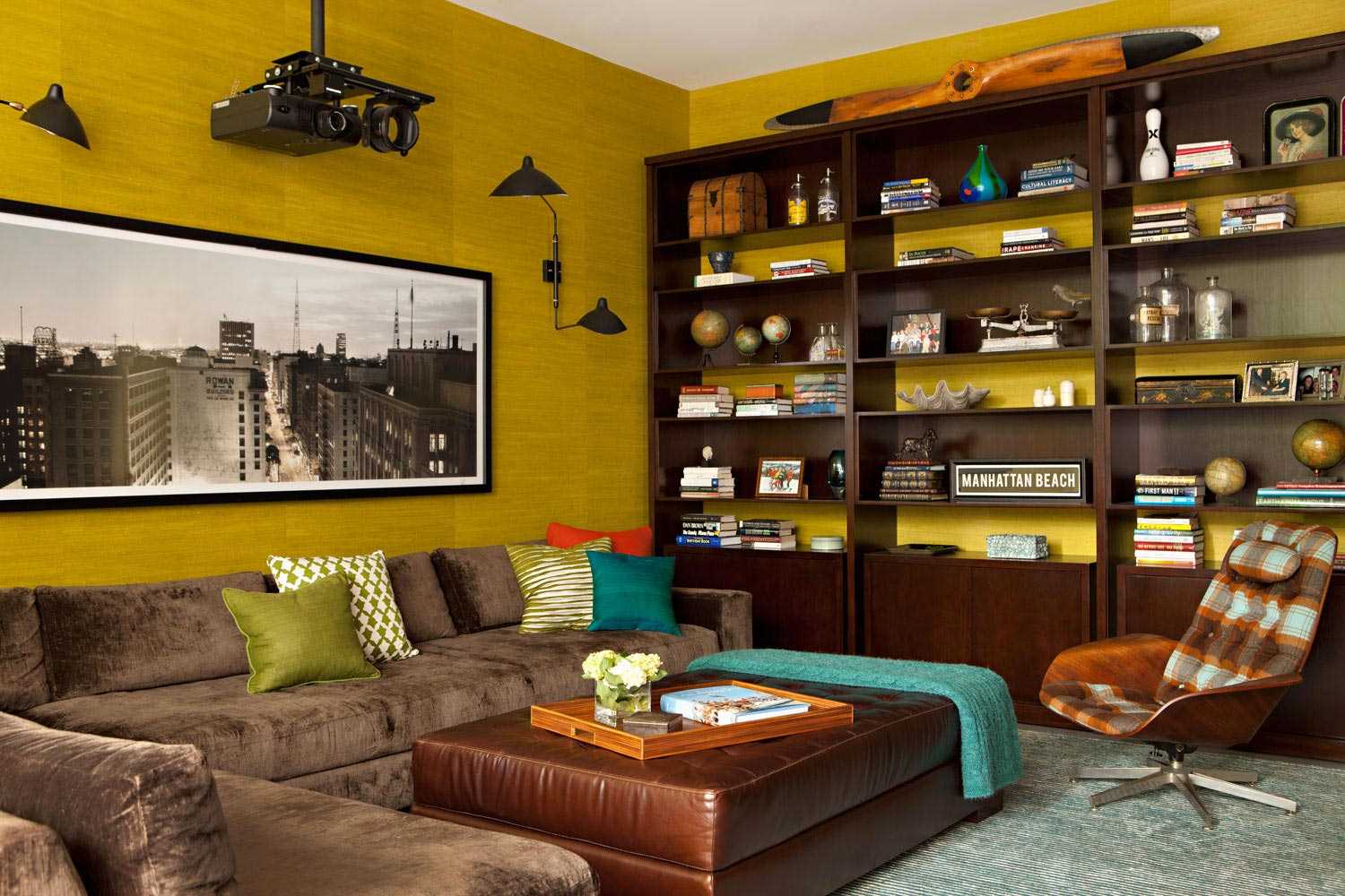 unusual design of the bedroom in mustard color