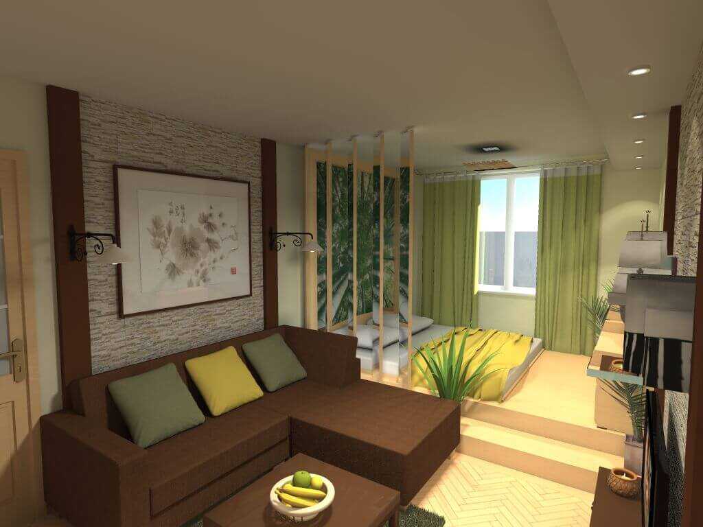 design luminoso della camera da letto e del soggiorno in una stanza