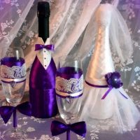 bright decoration of glass bottles with colorful ribbons picture