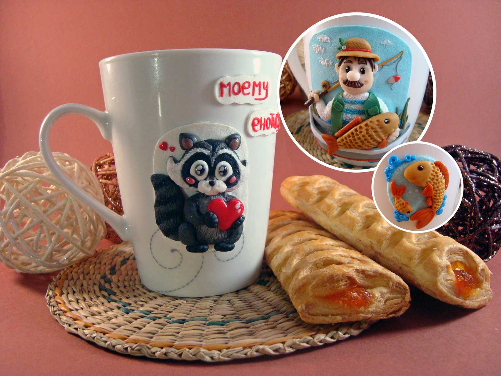 unusual design of the mug with polymer clay animals at home