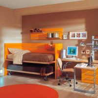 a combination of dark orange in the design of the house with other colors of the photo