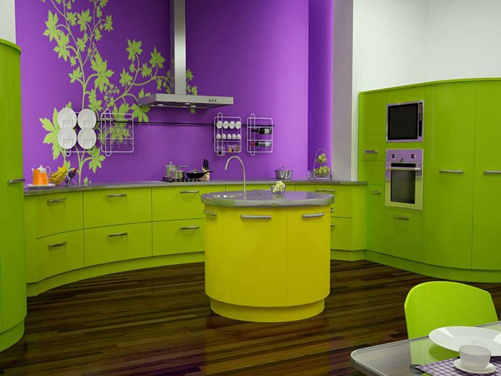 a combination of bright colors in the decor of the kitchen