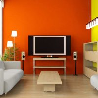 a combination of bright orange in the bedroom interior with other colors of the photo