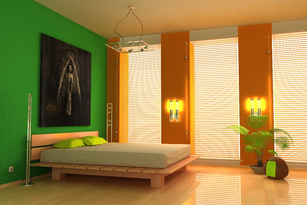 a combination of light orange in the interior of the kitchen with other colors
