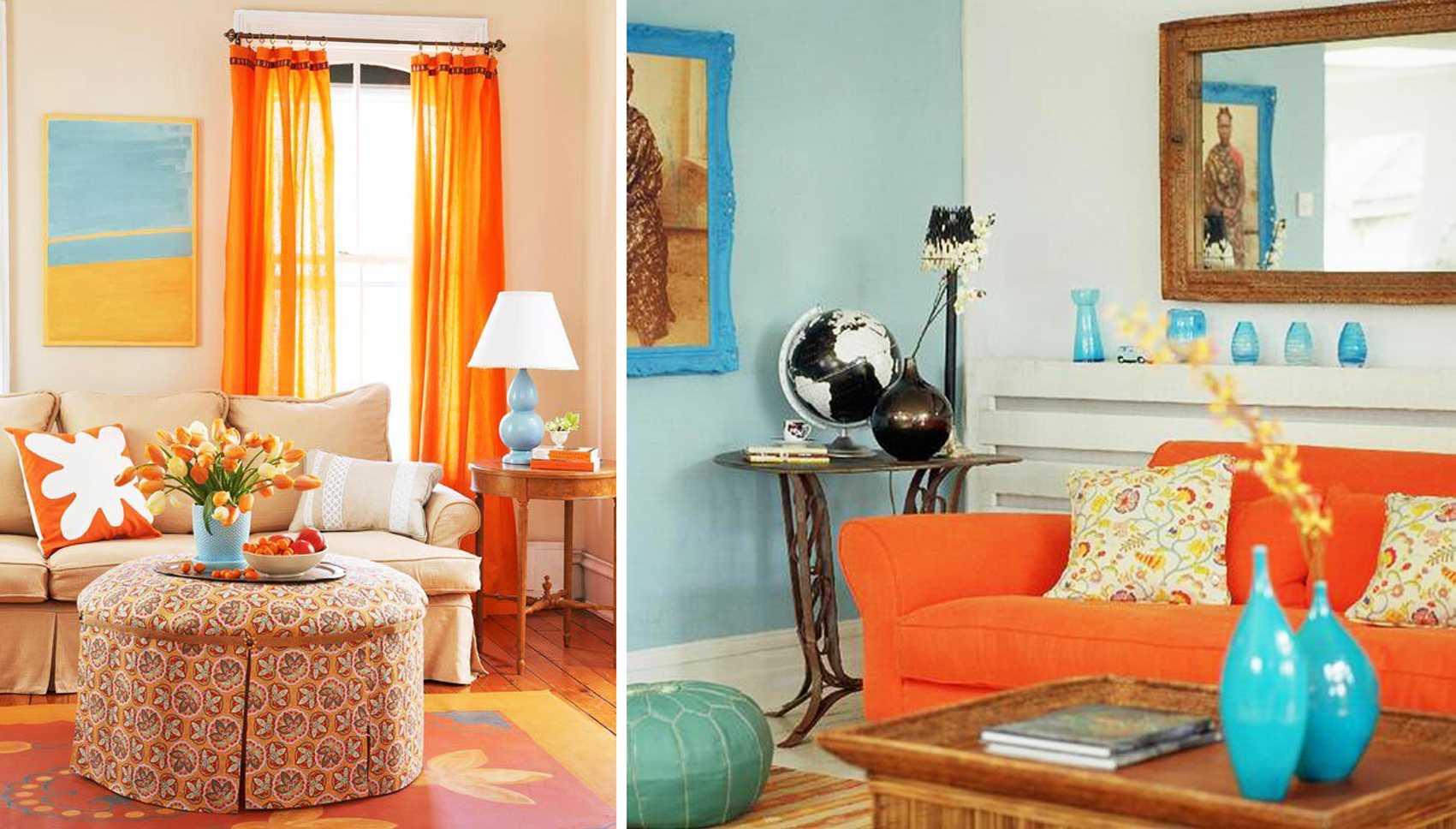 una combinazione di arancio brillante nello stile dell'appartamento con altri colori