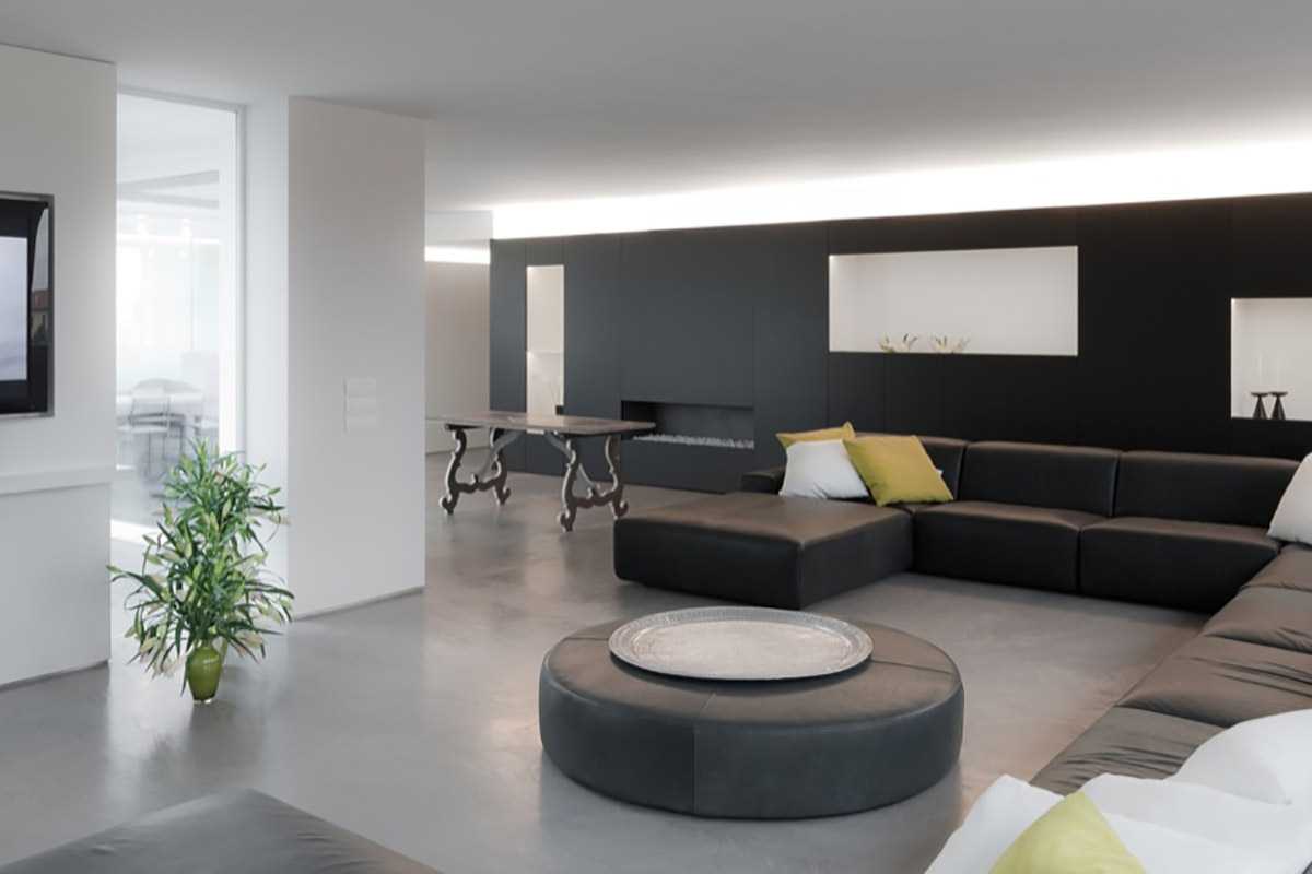 a combination of dark gray in the interior of the living room with other colors