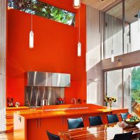 a combination of bright orange in the interior of the kitchen with other colors of the photo
