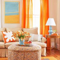 a combination of dark orange in the decor of the room with other colors of the photo