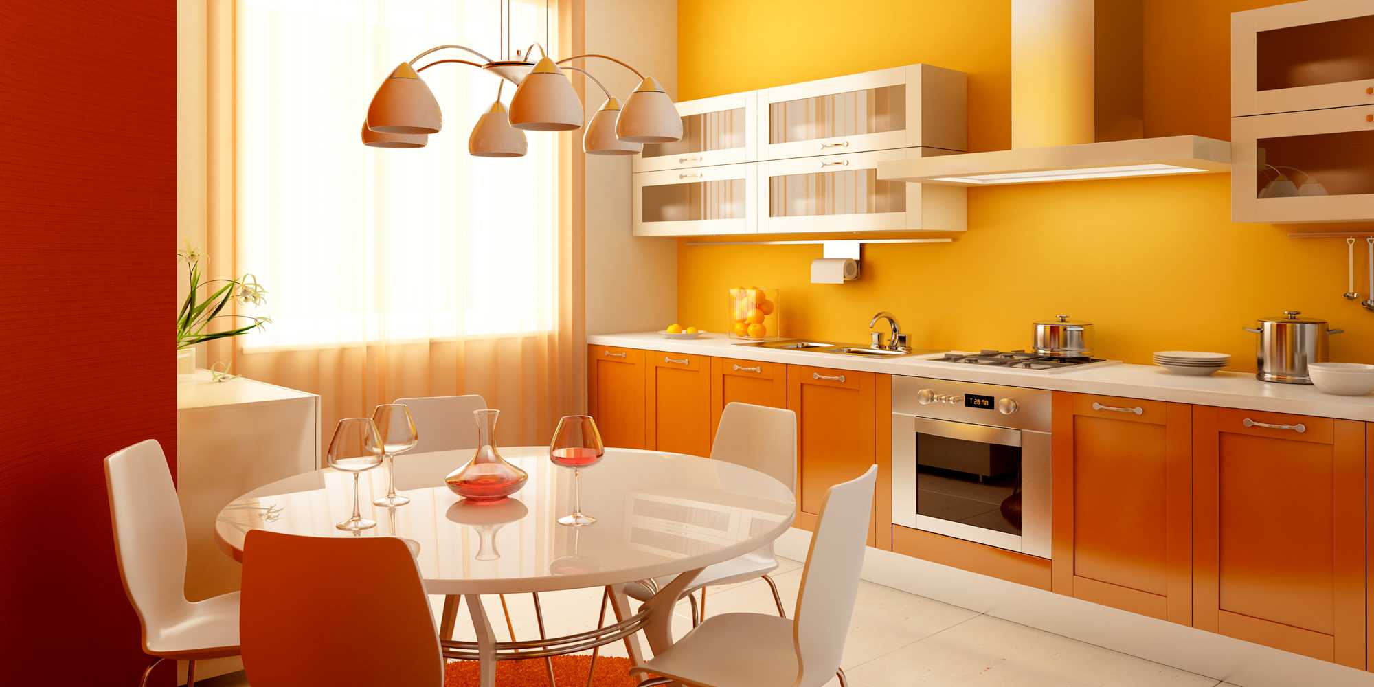a combination of bright orange in the style of the bedroom with other colors